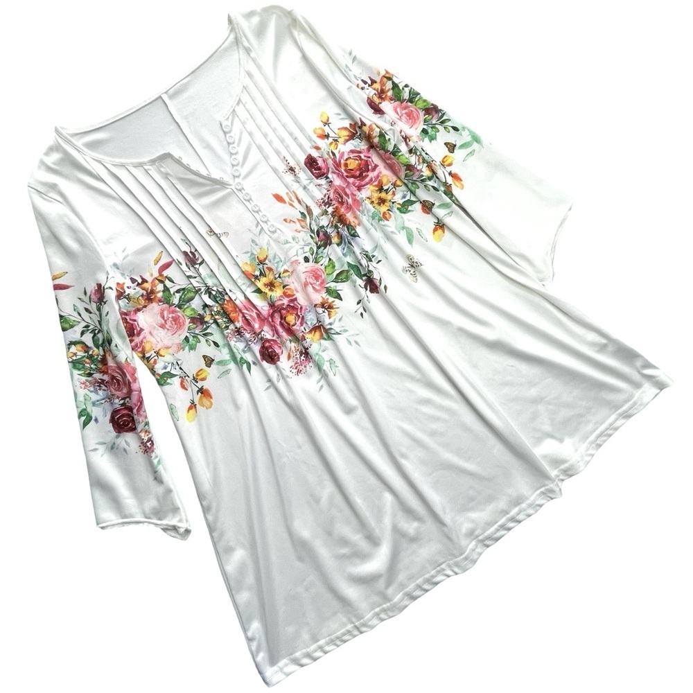 Beautiful SzL Blouse Floral Print White 3/4 Length Sleeve Round Neck Stretchy - Picture 7 of 13